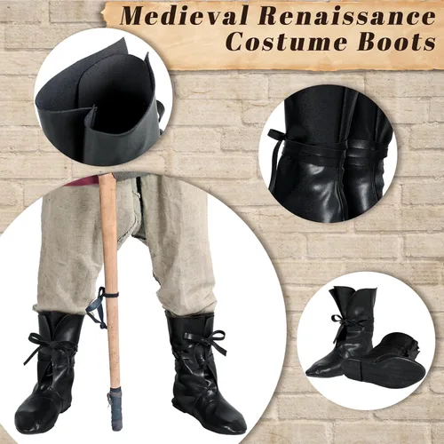 Vista 6 de Panitay Botas medievales de Halloween para hombre, zapatos renacentistas para festivales, botas de cuero vikingas, antideslizantes, zapatos atados