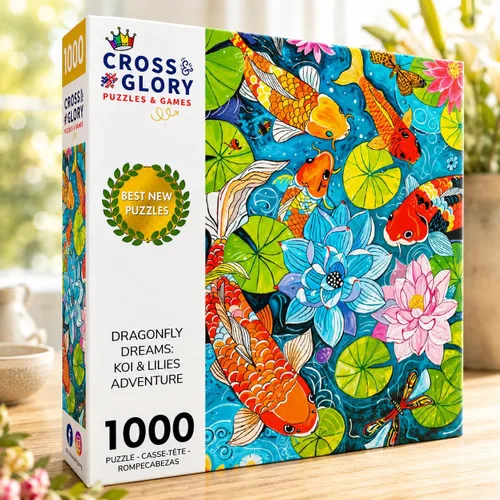 Vista 2 de Cross & Glory - Dragonfly Dreams: Koi & Lilies Adventure - Rompecabezas de 1000 piezas para adultos Temático único de la naturaleza Arte vibrante