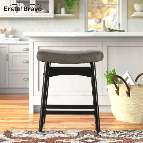 Vista 6 de Taburete de bar gris de madera maciza para encimera de cocina, taburete de bar con asiento de cuero sintético, taburete tapizado para isla de 34 a
