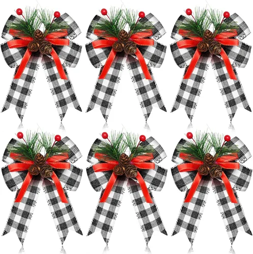 Vista 19 de Syhood - 6 lazos de Navidad a cuadros con piñas de pino, cintas de terciopelo negro, para corona de árbol de Navidad, decoración de fiestas