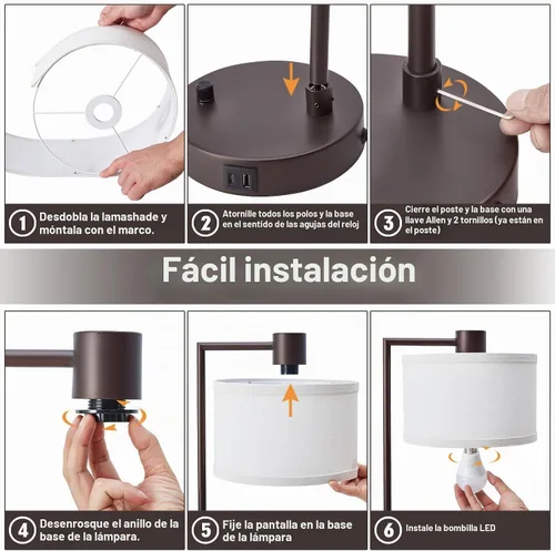 Vista 6 de Luvkczc Lámpara de Mesa para Dormitorio Juego de 2 con Puertos USB C+A - Lámpara de Noche Totalmente Regulable Sin Escalones con Pantalla de Lino