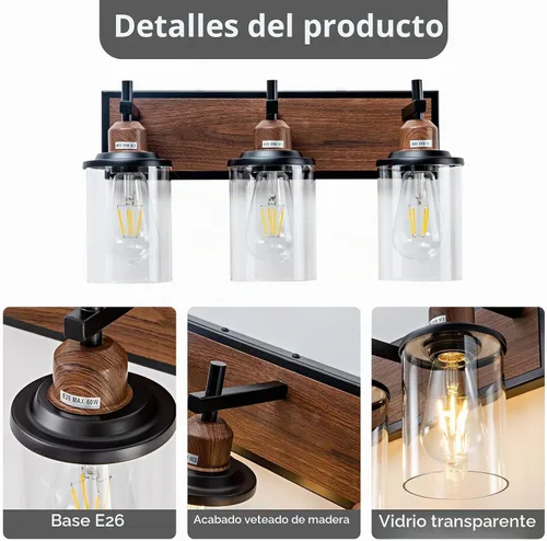 Vista 4 de Lanhall Lámpara de baño de 3 luces, estilo granja, vintage, sobre espejo, de metal pintado en madera y negro con pantalla de cristal, enchufe E26