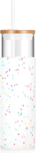 Vista 20 de Tronco Vaso de vidrio de 28 onzas con tapas y pajilla, taza reutilizable para café helado y vaso para batidos con tapa de bambú, funda de silicona