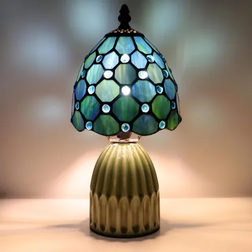 Vista 6 de Tiffany Stained Glass Mushroom Table Lamp 12.5 Inch -Sea Blue Pearl