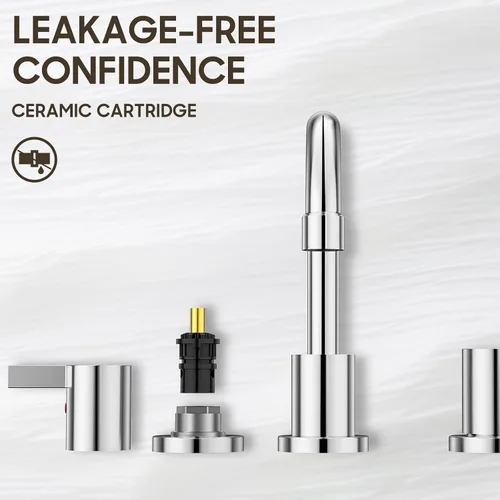 Vista 5 de Phiestina Grifo de baño cromado extendido de 8 pulgadas con 3 orificios, grifo de tocador de baño de 2 manijas con desagüe emergente de metal