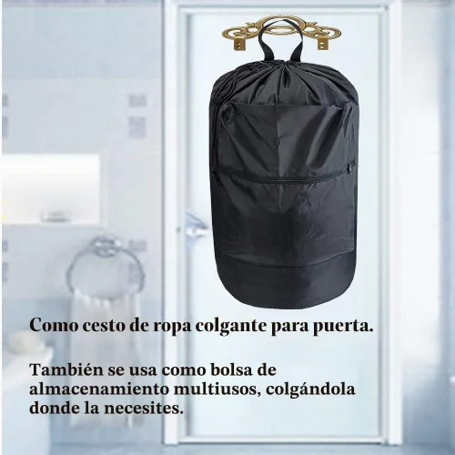 Vista 3 de Mochila lavable con bolsillo con cremallera, bolsa de ropa resistente, 2 correas de hombro ajustables fuertes con cierre de cordón para viajes Negro