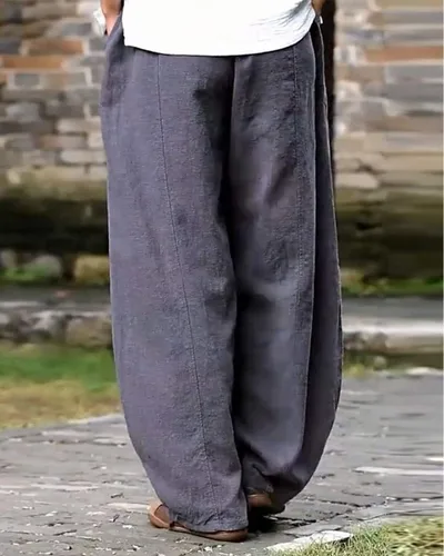 Vista 4 de Iximo Pantalones de lino y algodón, holgados, para mujer, con cintura elástica y ajuste relajado, informales, estilo harén