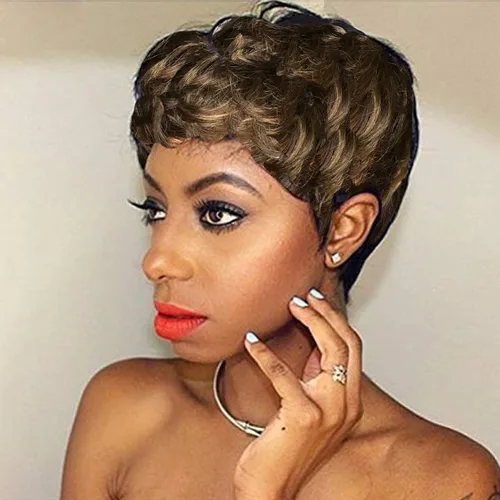 Vista 12 de Pelucas cortas de cabello humano estilo Pixie para mujeres negras, cabello brasileño virgen, corte natural marrón, sin pegamento, con flequillo