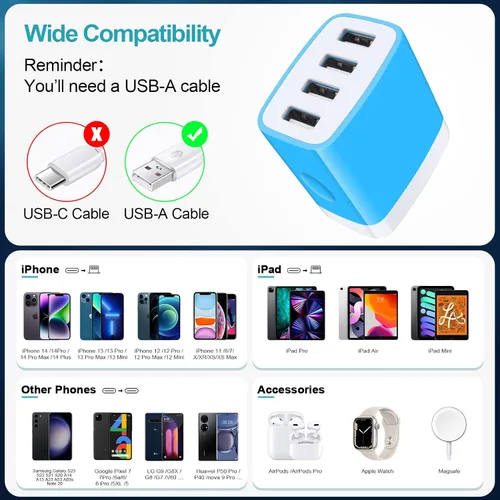 Vista 5 de Cargador de pared USB, toma de corriente múltiple, paquete de 2 bloques de carga rápida, bloque de carga rápida, caja de cubo de viaje, estación