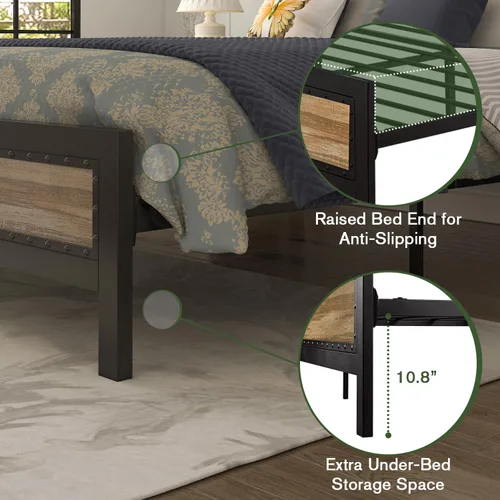 Vista 4 de MUTICOR Base de cama matrimonial con cabecera de madera, plataforma de estilo industrial con decoración de remaches y diseño esmerilado, base
