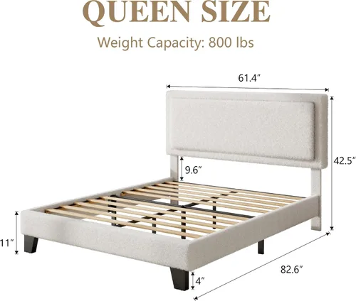 Vista 2 de Base de cama Queen con cabecera ajustable, cama plataforma Boucle Cloud con listones de madera, base de colchón, no necesita somier, fácil montaje
