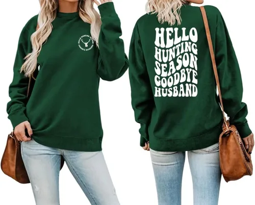 Vista 26 de DUDIHOHX Hello Hunting Season Goodbye Husband - Sudadera de manga larga con estampado de moda, casual, cuello redondo