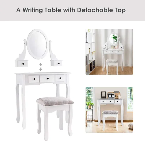 Vista 2 de MAT EXPERT Juego de mesa de tocador con espejo y cajón, tocador blanco con taburete acolchado, mesa organizadora de maquillaje con espejo giratorio