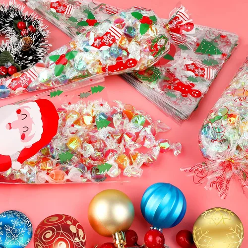 Vista 6 de Konsait 120 bolsas de dulces de Navidad, bolsas de celofán, bolsas de golosinas de cono transparente para galletas con lazos giratorios