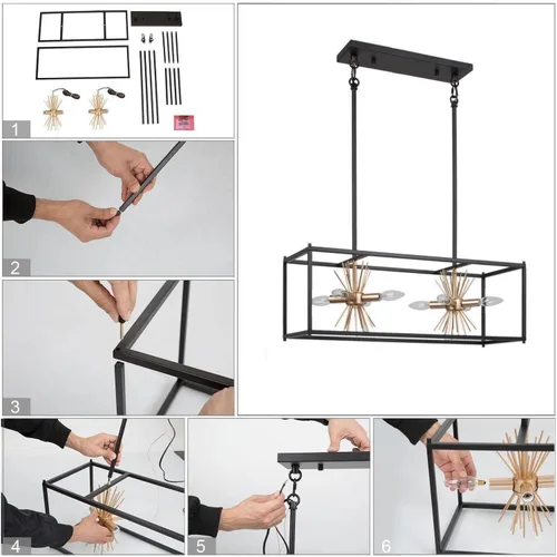 Vista 9 de Uolfin Lámpara de araña de oro negro, moderna casa de campo de 8 luces rectangulares para isla de cocina, comedor y sala de estar