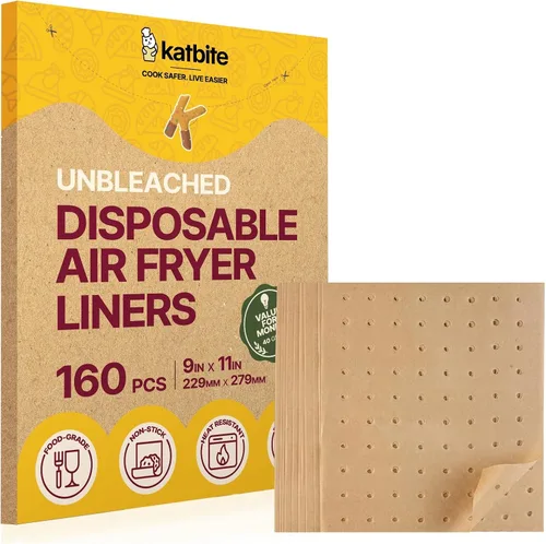 Vista 8 de Katbite 200 piezas de 6.5 pulgadas, revestimientos cuadrados sin blanquear, papel pergamino perforado resistente para freidora de aire, cesta