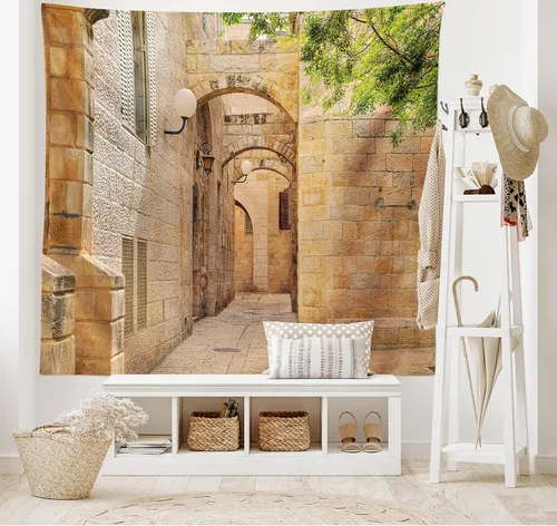 Vista 2 de Ambesonne Tapiz de paisaje, orientación oriental israelí, arquitectura, calles, casas, imagen, imagen, imagen, colgar en la pared para dormitorio