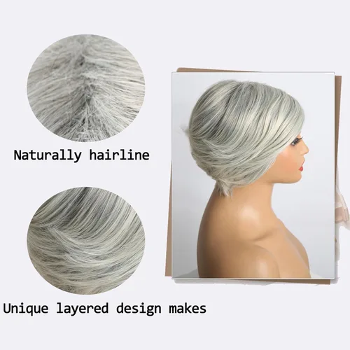 Vista 5 de Aisaide Peluca Corta de Corte Pixie Gris Platino con Flequillo de Cortina Bob para Mujeres - Peluca Sintética con Raya Lateral Despeinada