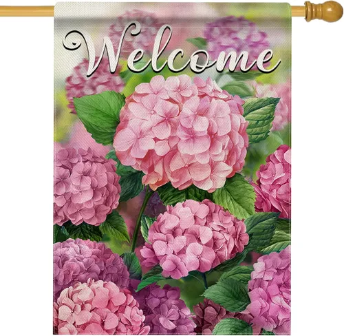Vista 8 de Hzppyz Bandera de jardín de flores florales de primavera de bienvenida de doble cara, hortensias decorativas para patio al aire libre, decoración