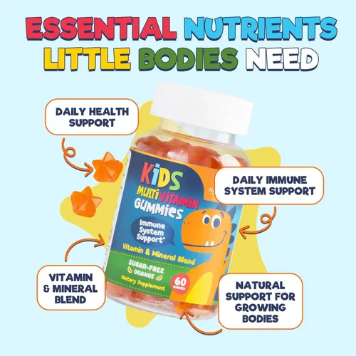 Vista 5 de Gomitas multivitamínicas para niños, sin azúcar, sabrosas gomitas de sabor a naranja, apoyo inmunológico diario con 100% vitamina B12, vitaminas