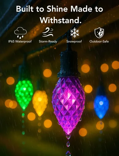 Vista 7 de Popotan C-9 Luces LED de Navidad para Exteriores, 33 Pies 50 LEDs Luces de Cadena RGB Inteligentes con Control Remoto de Aplicación, 108 Modos