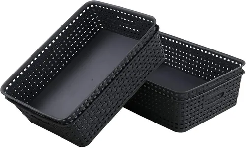 Vista 7 de Cesta de bandeja de papel de oficina, cesta de almacenamiento poco profunda de plástico, juego de 4, gris