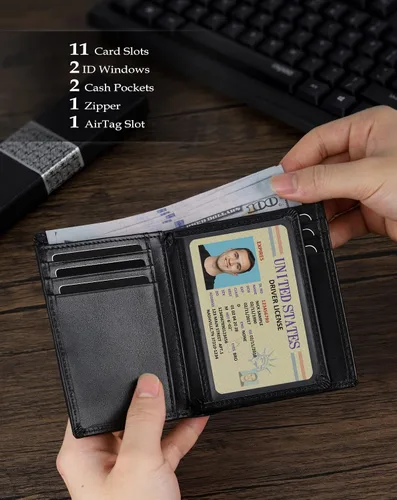 Vista 17 de Swallowmall AirTag Billetera para hombre con bloqueo RFID, de piel auténtica, plegable, para AirTag con 1 ventana de identificación, 13 tarjeteros