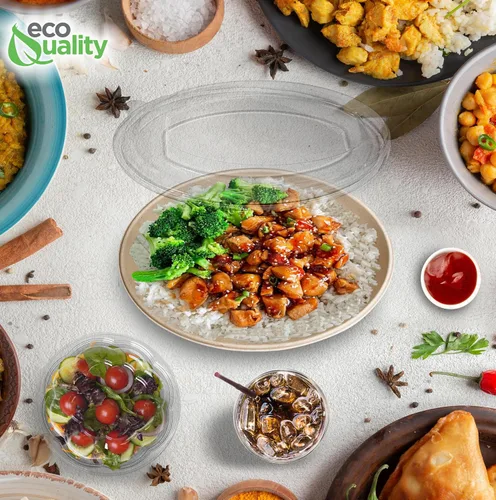 Vista 7 de Cuencos de burrito ovalados desechables de fibra compostable de 32 onzas con tapas de cúpula, resistentes, ecológicos, bagazo natural sin blanquear