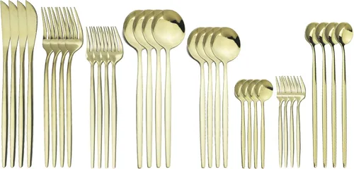 Vista 10 de JASHII Juego de cubiertos de 32 piezas con tenedor para tartas y cuchara de mango largo, cubiertos de acero inoxidable para 4 juegos de vajilla