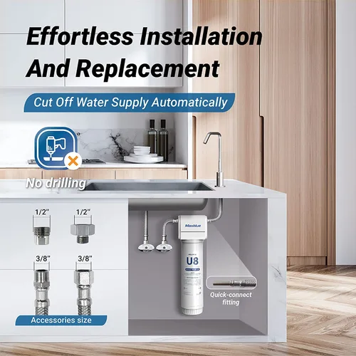 Vista 5 de Outlet Maxblue U8-ST - Filtro de agua para debajo del fregadero, 2 años de alta capacidad, reduce el plomo, cloro, metales pesados, mal sabor