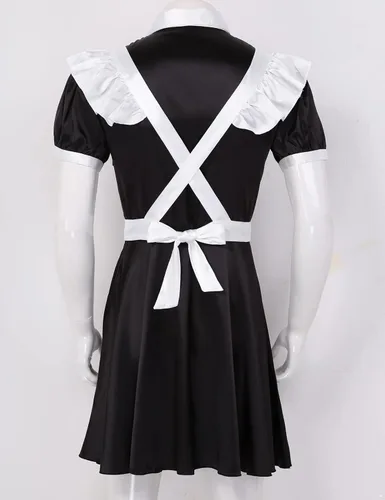 Vista 4 de QinCiao Disfraz de sirvienta para hombre, adulto, uniforme para cosplay, vestido mini babydoll con delantal francés, sirvienta, color negro