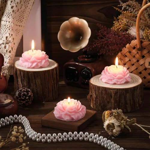 Vista 4 de Roowest - 3 velas con forma de flor de rosa, hechas a mano, color rosa Vela estética en forma de rosa, decorativa para decoración de yoga, spa