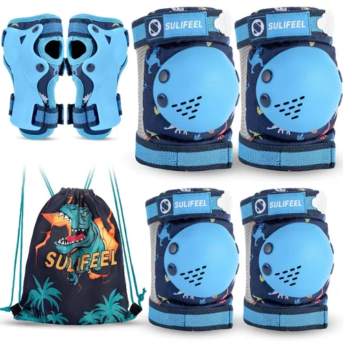 Vista 7 de Rodilleras de arcoíris y unicornio para niños, coderas, muñequeras con bolsa de cordón, juego de equipo de protección ajustable para niñas, patinaje
