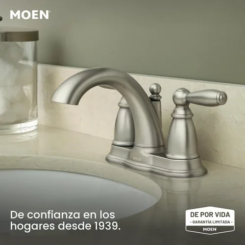 Vista 2 de Moen Brantford de níquel cepillado - Grifo de baño de arco bajo con dos manijas, montaje tradicional de centro con desagüe, 6610BN