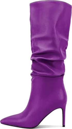 Vista 12 de Zamikoo Botas holgadas de tacón alto para mujer, botas de tacón de aguja altas hasta la rodilla, puntera puntiaguda, elásticas, botas altas de meter