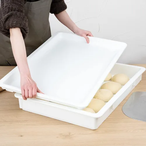 Vista 7 de Caja de prueba de 26 x 18 x 3 pulgadas, 1 caja de masa rectangular – apilable, lavavajillas, cajas de plástico blanco para masa de pizza, duraderas
