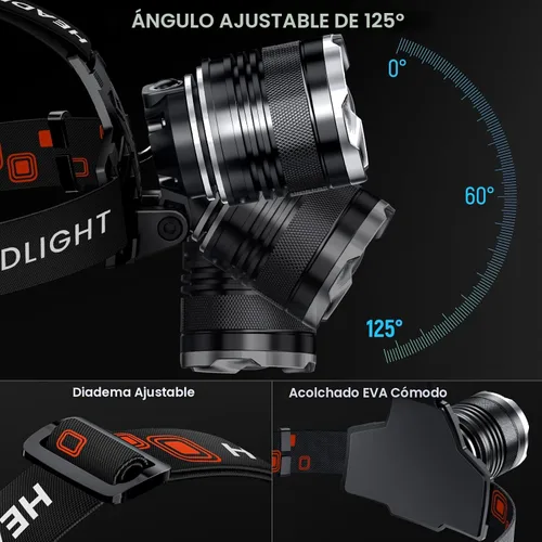Vista 4 de AKNEAR Linterna frontal LED recargable con luz roja, lámpara de cabeza de resistencia de 95 horas con zoom y 12 modos e impermeable IPX7 y ajustable