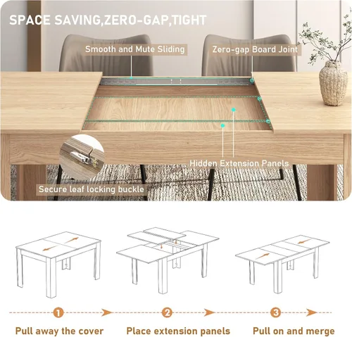 Vista 3 de Mesa de comedor extensible de 59 a 86 pulgadas para 6 a 10 personas, mesa de comedor de madera, mesa extensible moderna para reuniones, reuniones