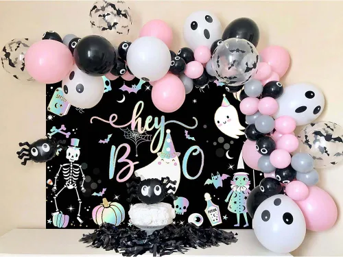 Vista 3 de Avezano Cartel de fondo de Halloween de Hey Boo de 7 x 5 pies, pancarta espeluznante de Little Boo, decoraciones para fiestas de Halloween para Negro