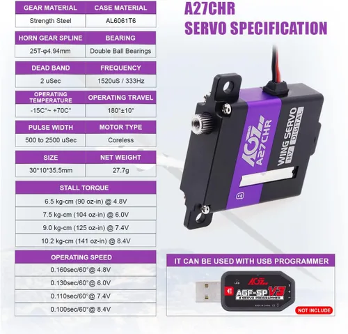 Vista 2 de AGFRC Servo micro de alto par de torsión de 22.5 lbs - Servo servomotor digital CNC delgado sin núcleo de engranaje digital para planeador de avión