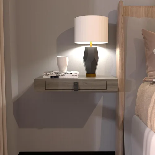 Vista 8 de Juego de 2 estantes flotantes con cajón, mesita de noche para dormitorio, baño o cocina, estante de pared de 16 pies con almacenamiento, color gris