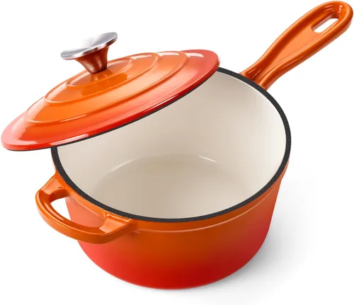 Vista 37 de Onader Sartén de hierro fundido esmaltado, cacerola pequeña de 1 cuarto de galón con tapa, olla de hierro fundido, horno holandés esmaltado, Blanco