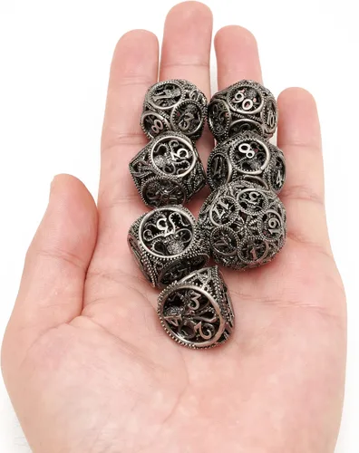 Vista 5 de Dados DND, dados de metal huecos D&D, juego de dados de mazmorras y dragones con caja de regalo, 7 piezas de juegos de dados poliédricos steampunk