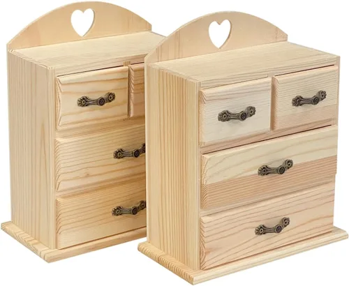 Vista 3 de Paquete de 2 cajas de madera sin terminar con mini cajones para joyas, pequeña caja organizadora de madera para manualidades, pasatiempos, proyectos