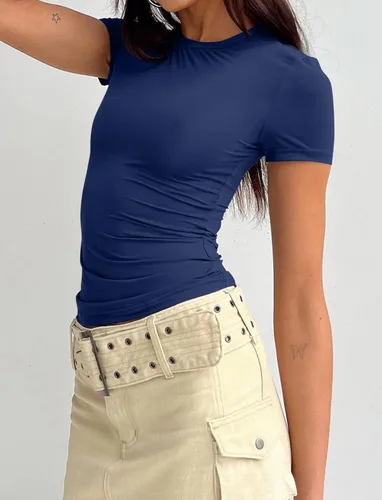 Vista 2 de PGANDS Camiseta corta de manga corta de verano para mujer, cuello redondo, básica, lisa, Y2K, ajustada