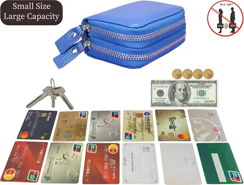 Vista 21 de Cartera de cuero para mujer, con doble tarjeta, tarjetero con cremallera, múltiples compartimentos, bloqueo RFID C-W-1, Rosado, Talla única