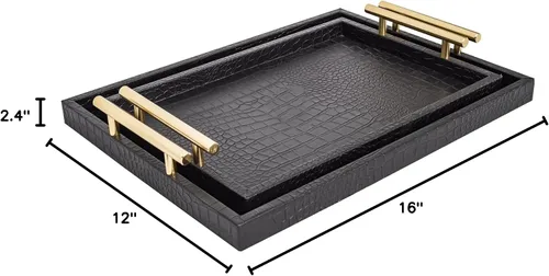 Vista 10 de Juego de 2 bandejas de servir grandes modernas y elegantes de madera, bandeja decorativa rectangular para otomana y mesa de café, de cuero