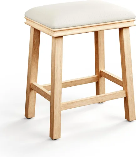 Vista 13 de MAISON ARTS Juego de 4 taburetes de bar grises para encimera de cocina, patas de madera maciza con asiento de silla de montar de piel sintética
