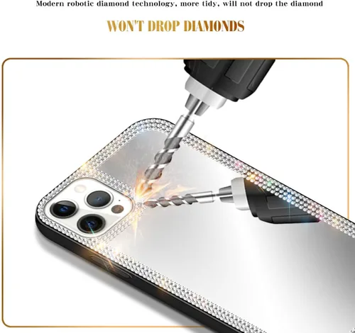Vista 5 de Funda con espejo para iPhone 13 Pro Max para mujer con diamantes de imitación brillantes, espejo adhesivo para funda de teléfono, cubierta de espejo