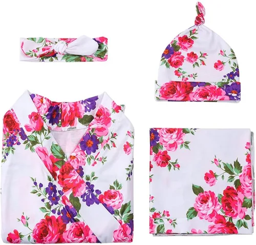 Vista 5 de AWIBMK Mommy and Me Robe and Swaddle Set Floral Maternity and Baby Matching Delivery Blanket Headband for Mom Girl Boy 4pcs